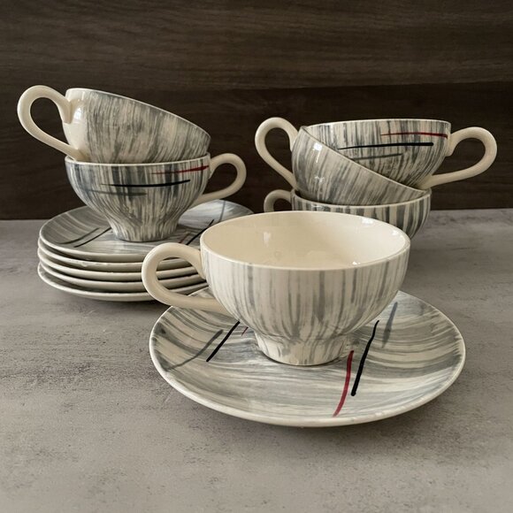 Vintage MCM Hiawatha Prim Rose Atomic Stetson China Six Tea Cups Saucers Sets - Picture 2 of 7